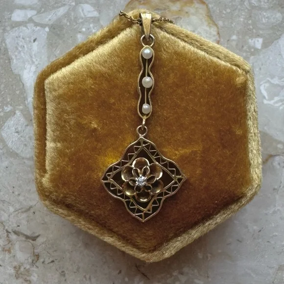 Antique Victorian Lavalier Diamond Pearl Pendant Necklace - Picture 4 of 7